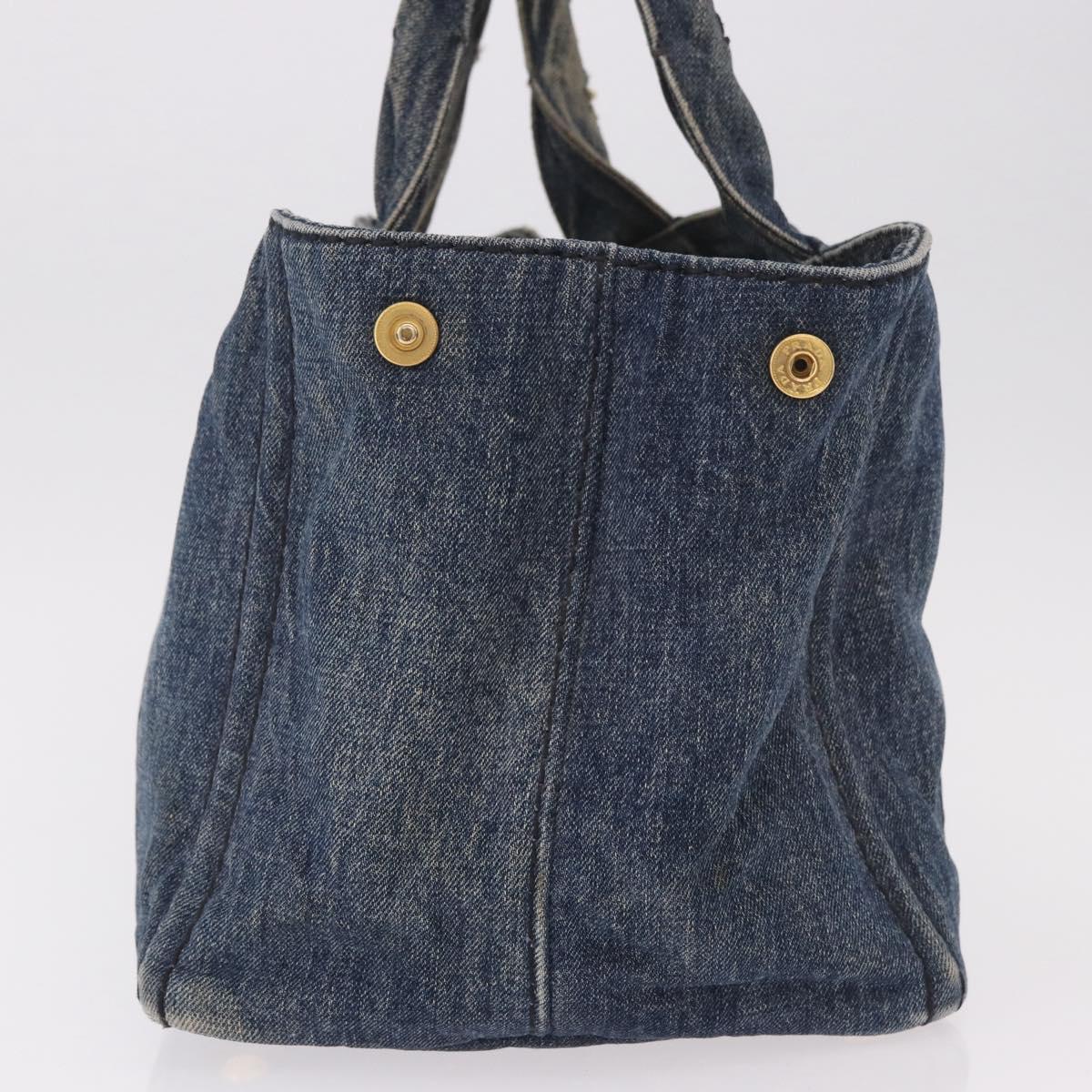 PRADA Canapa MM Hand Bag Denim Blue Gold Auth 183358