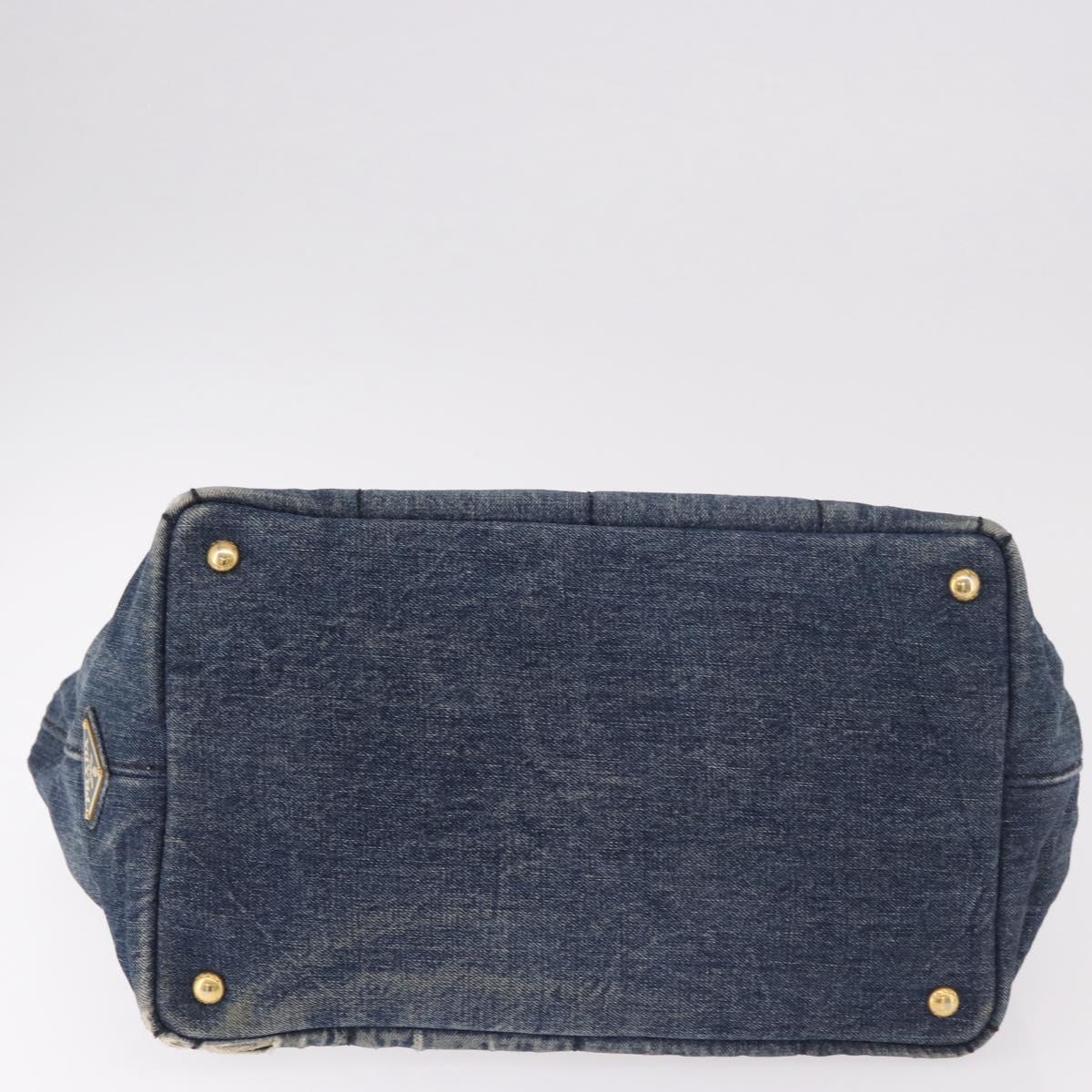 PRADA Canapa MM Hand Bag Denim Blue Gold Auth 183358