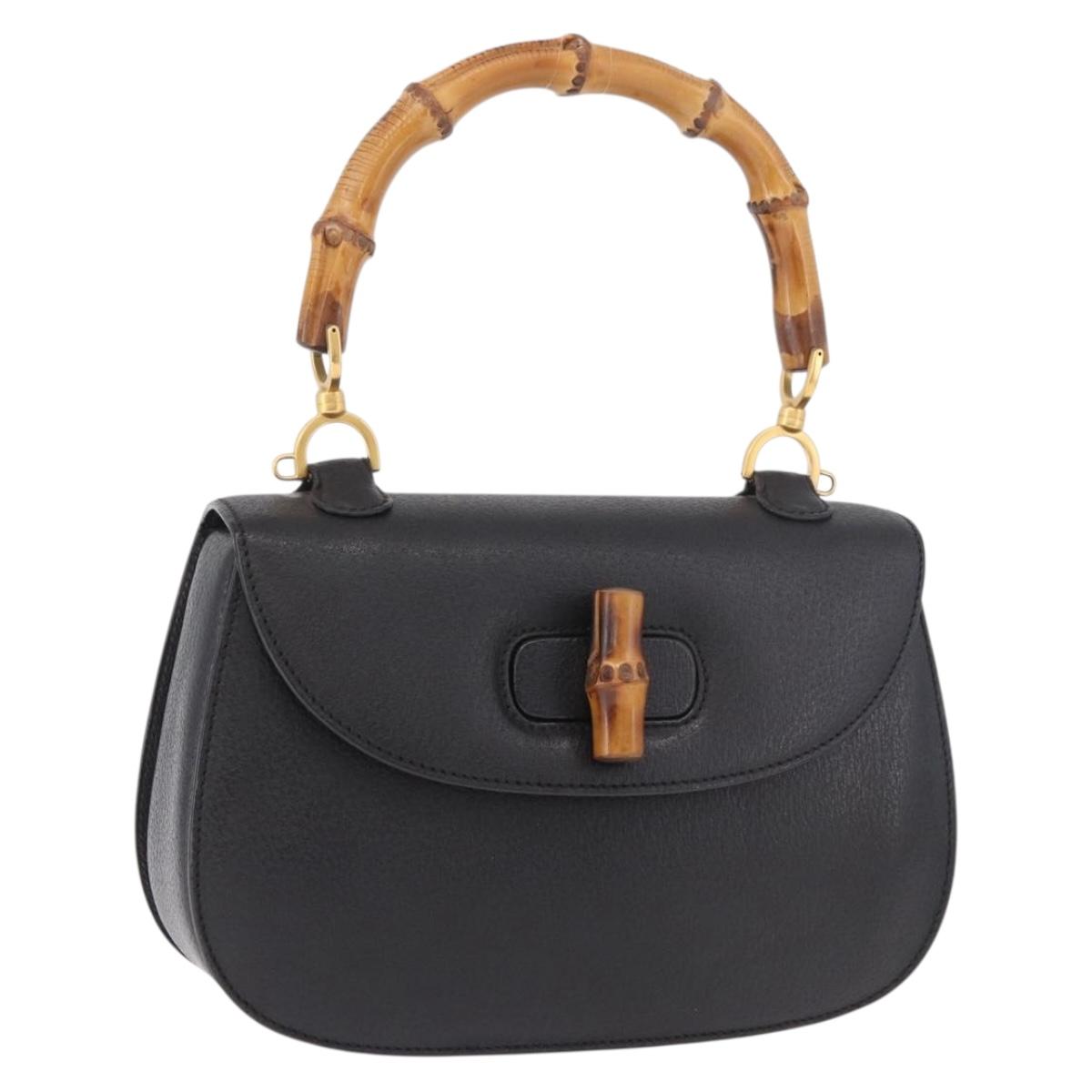 GUCCI Bamboo Hand Bag Leather Black Gold Auth 183361V