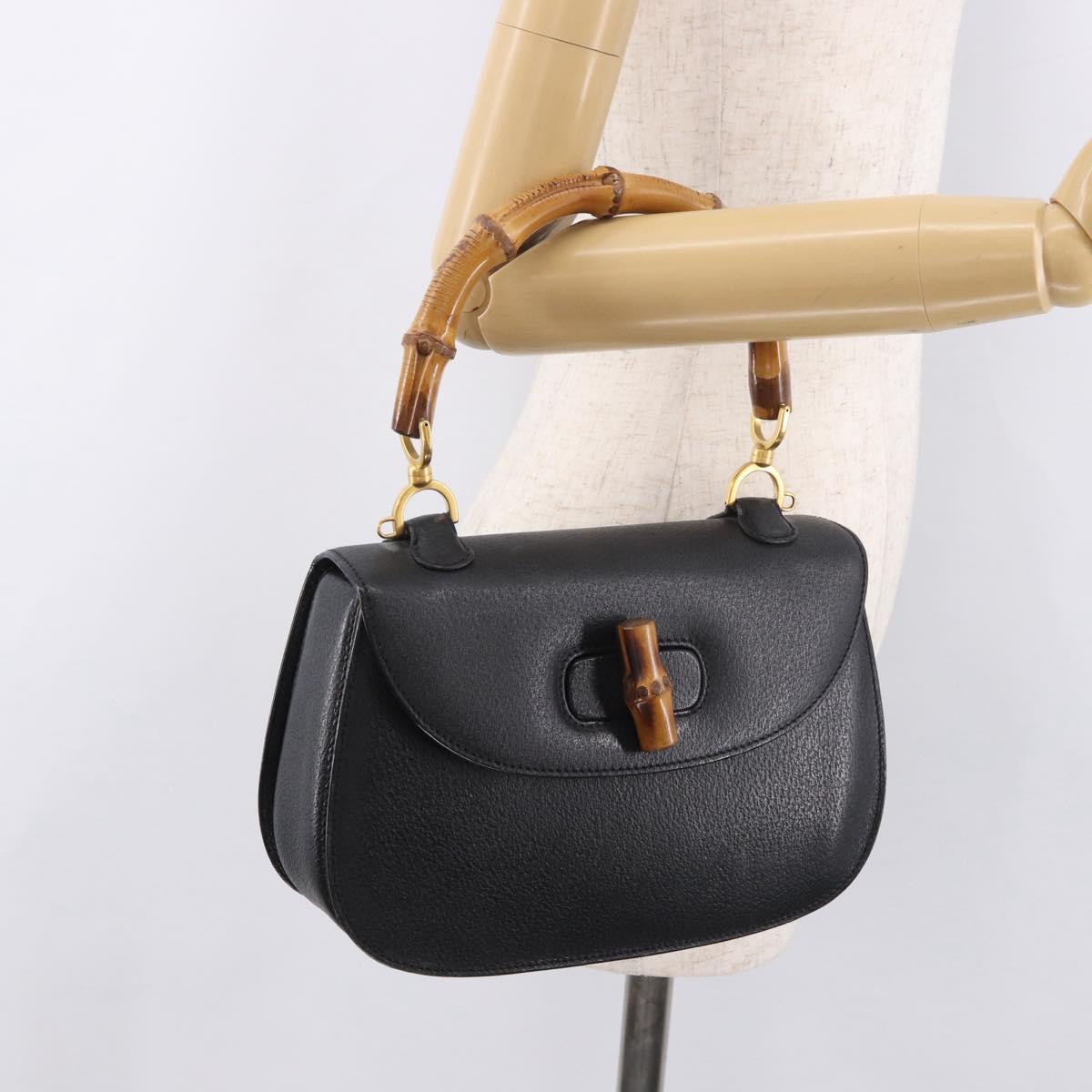 GUCCI Bamboo Hand Bag Leather Black Gold Auth 183361V