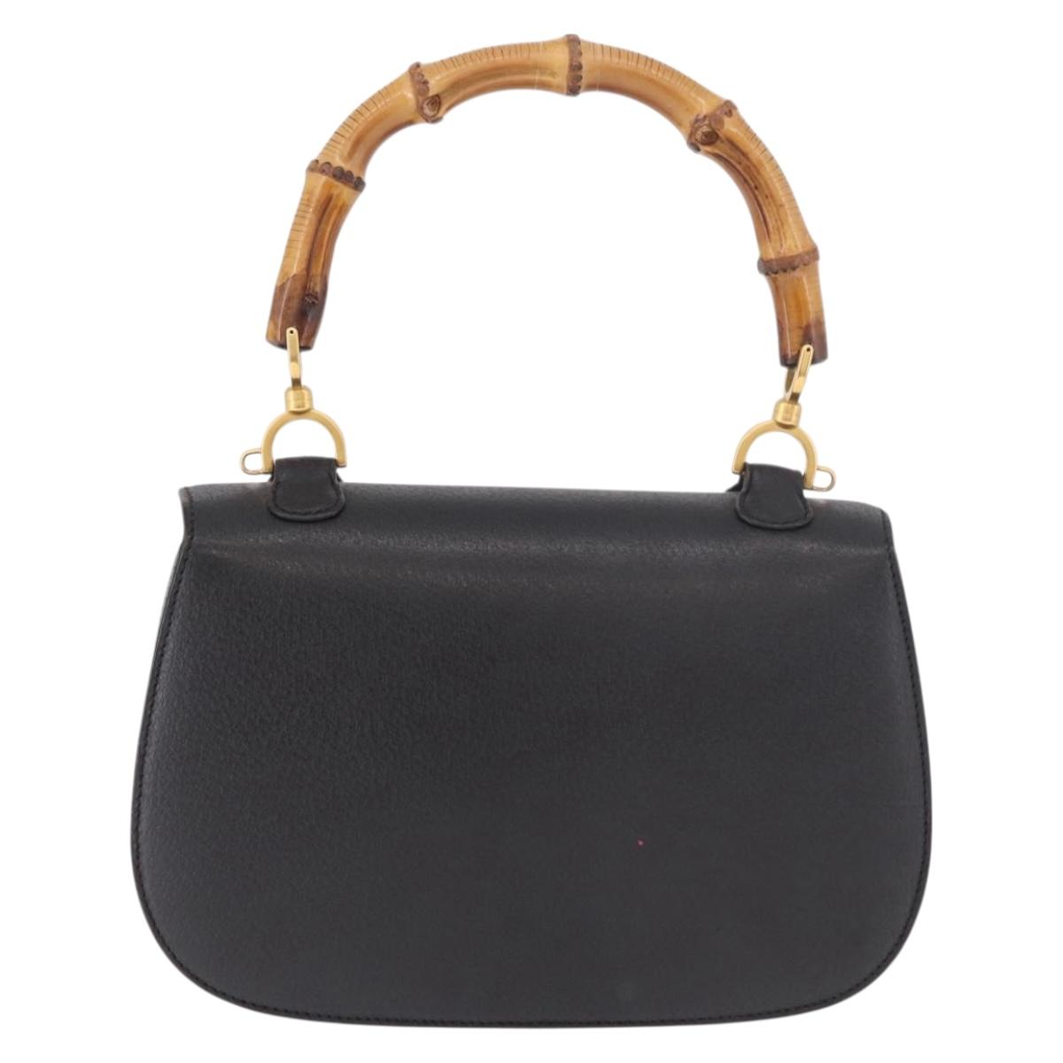 GUCCI Bamboo Hand Bag Leather Black Gold Auth 183361V