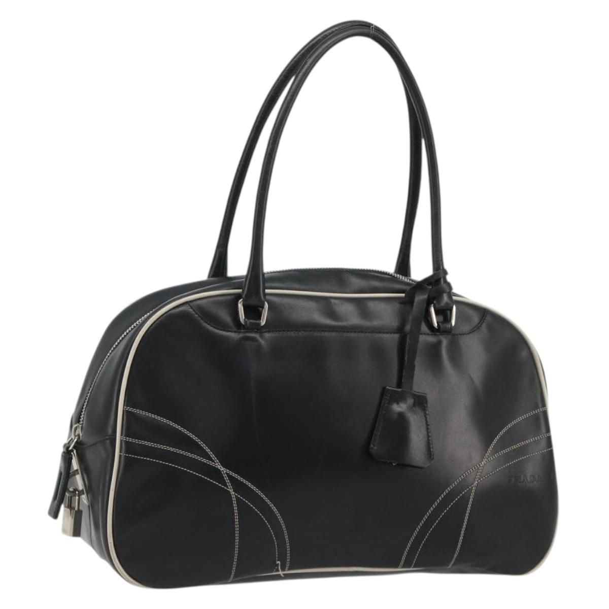 PRADA Hand Bag Leather Black Silver Auth 183362V