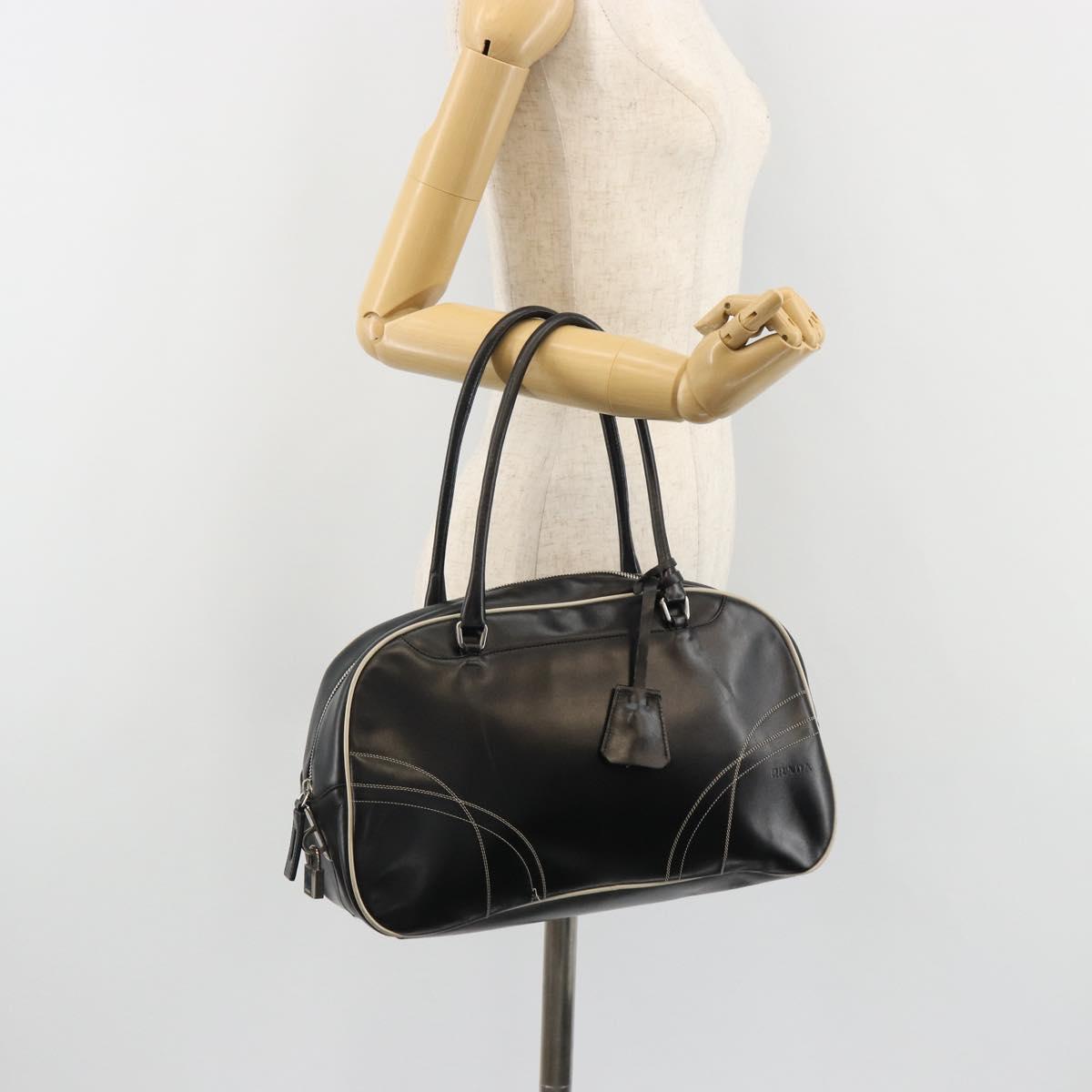 PRADA Hand Bag Leather Black Silver Auth 183362V