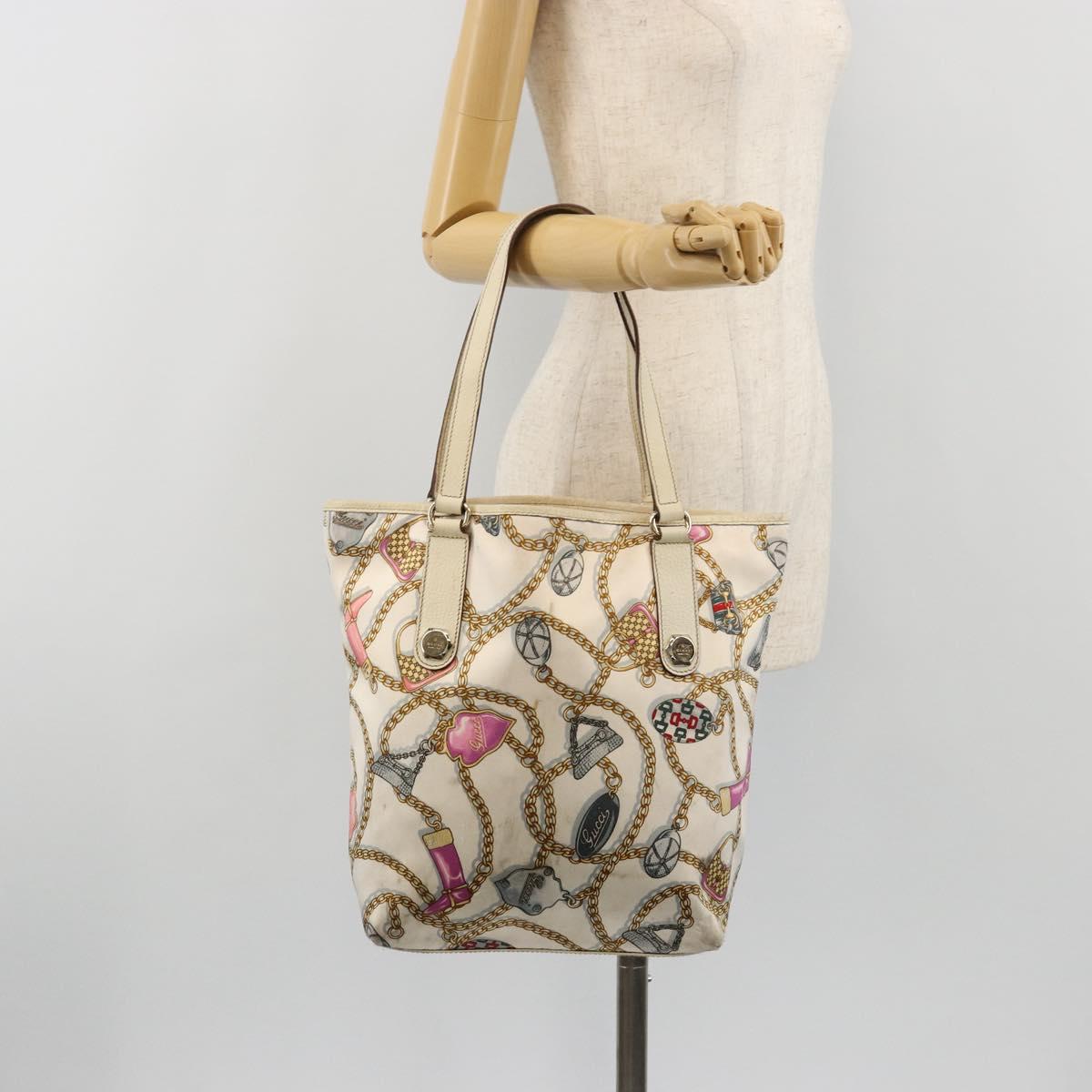 GUCCI Tote Bag Satin White Gold 153009 Auth 183366