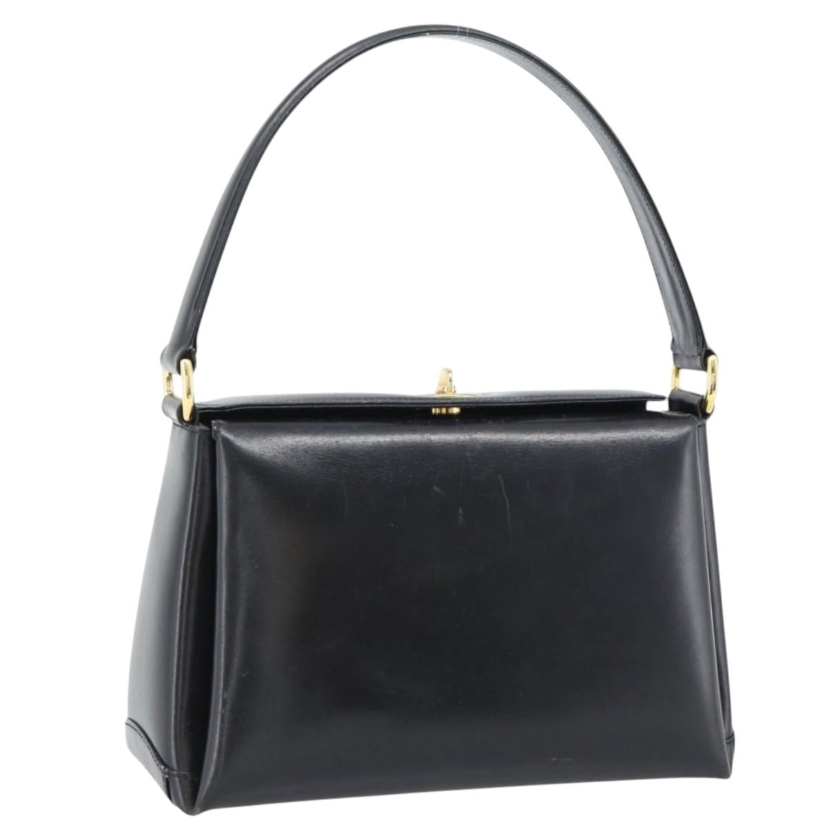 GUCCI Hand Bag Leather Black Gold Auth 183374