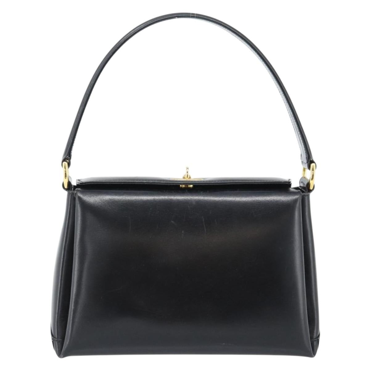 GUCCI Hand Bag Leather Black Gold Auth 183374
