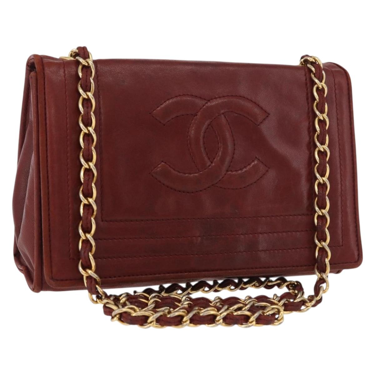 CHANEL Chain Shoulder Bag Lamb Skin Bordeaux Gold CC Auth 183375