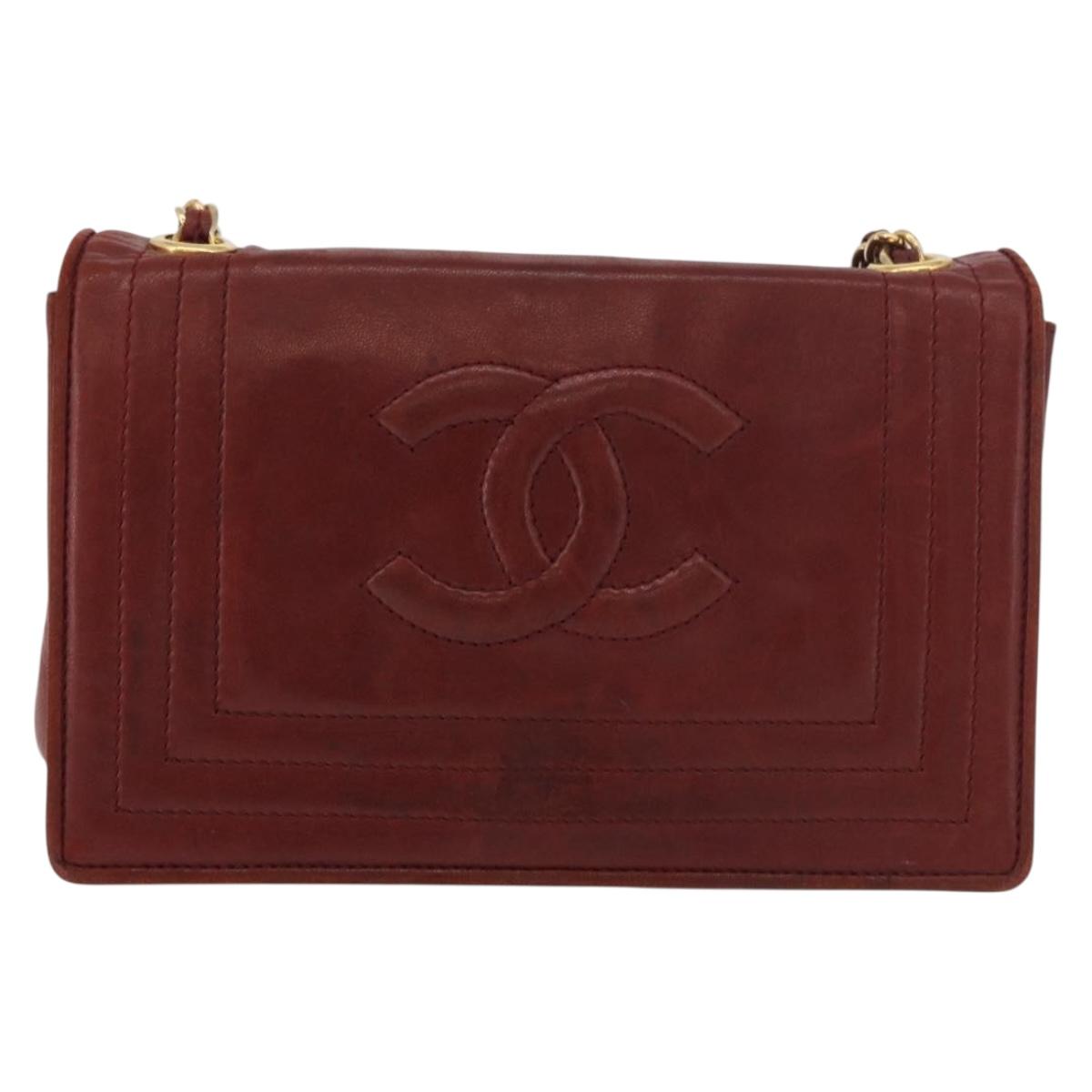 CHANEL Chain Shoulder Bag Lamb Skin Bordeaux Gold CC Auth 183375