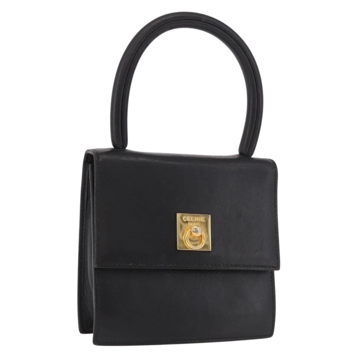 CELINE Hand Bag Leather Black Gold Auth 183388A