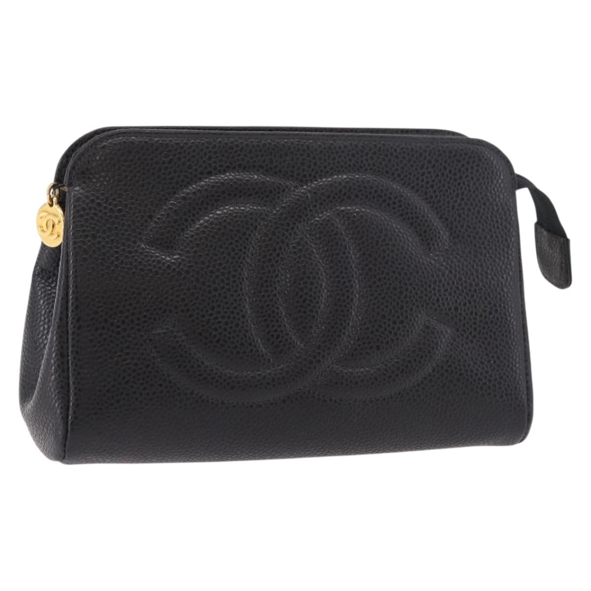CHANEL Pouch Caviar Skin Black Gold CC Auth 183391