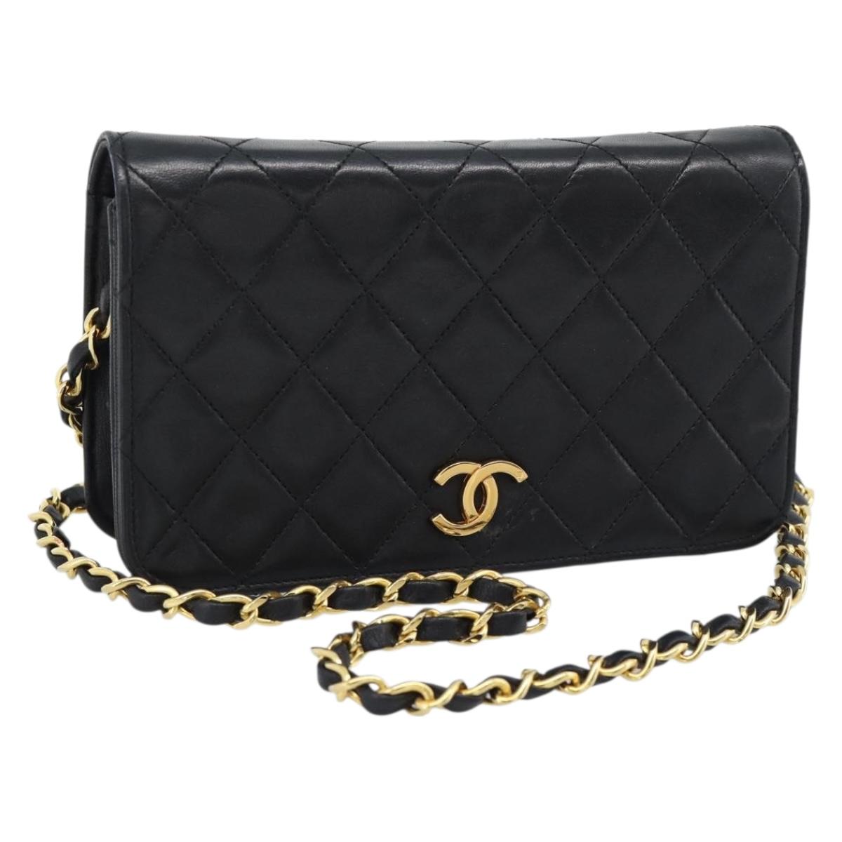 CHANEL Matelasse Chain Shoulder Bag Lamb Skin Black Gold CC Auth 183393