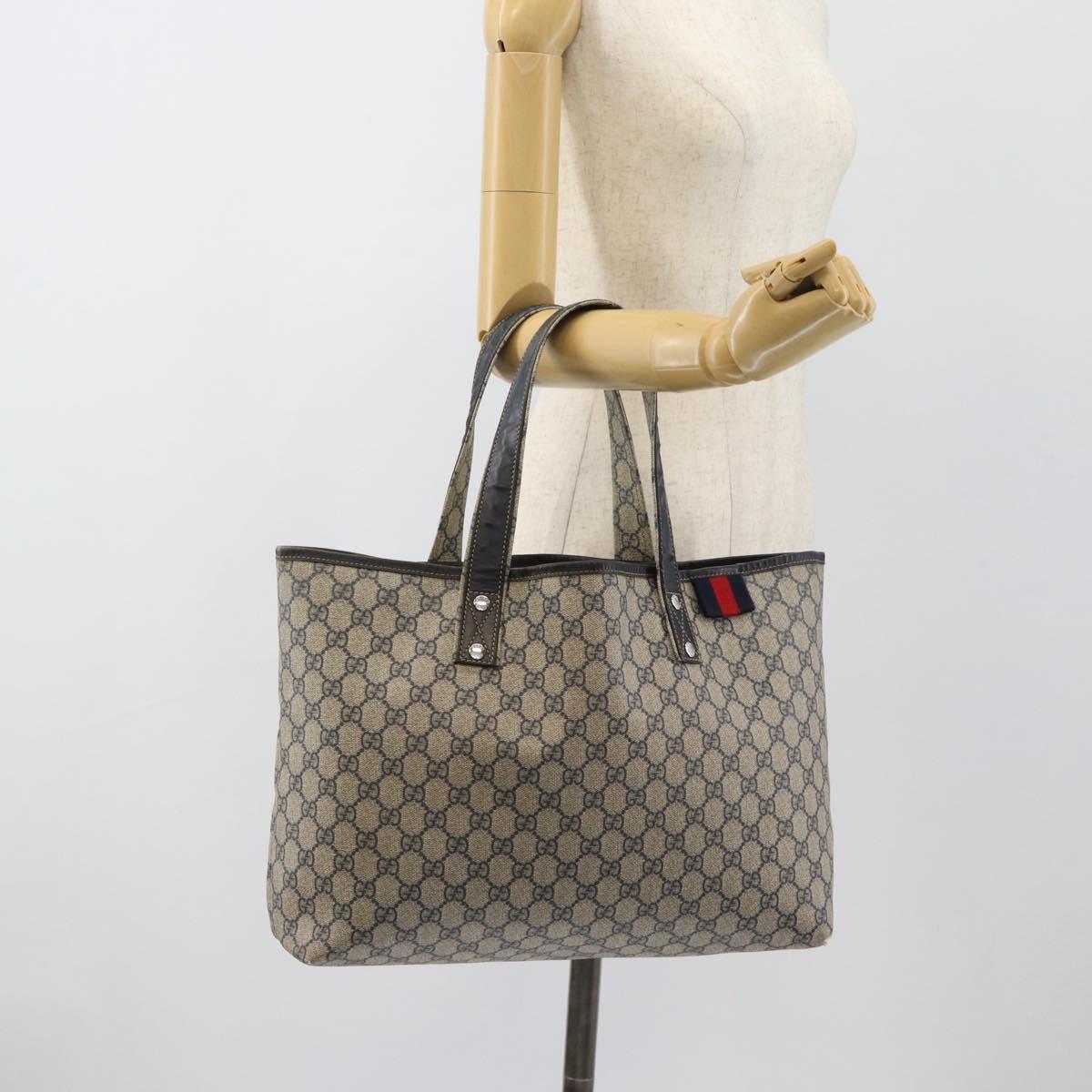 GUCCI GG Supreme Sherry Line Tote Bag PVC Navy Red 211134 Auth 183402