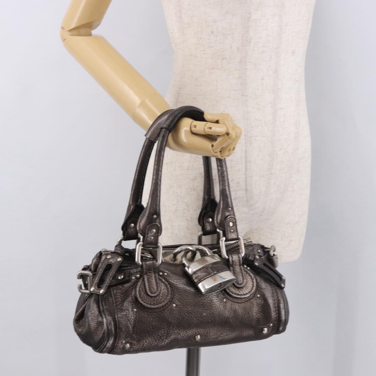 Chloe Paddington Mini Hand Bag Leather Silver Metallic gray Auth 183406A