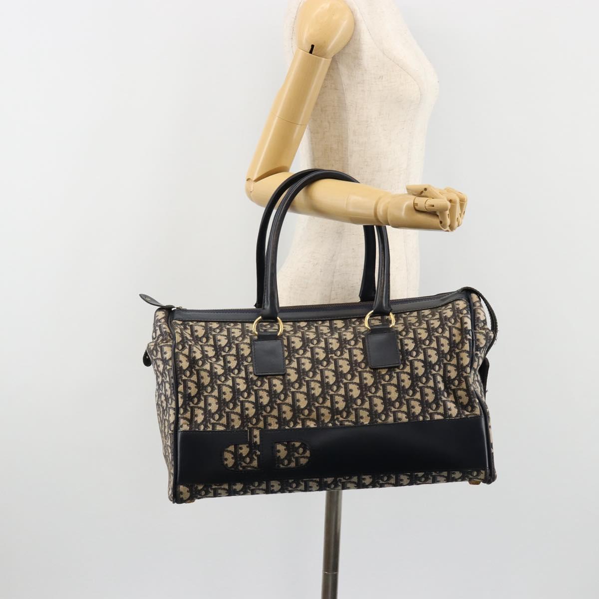 Christian Dior Trotter Canvas Boston Bag Navy Gold Auth 183441A