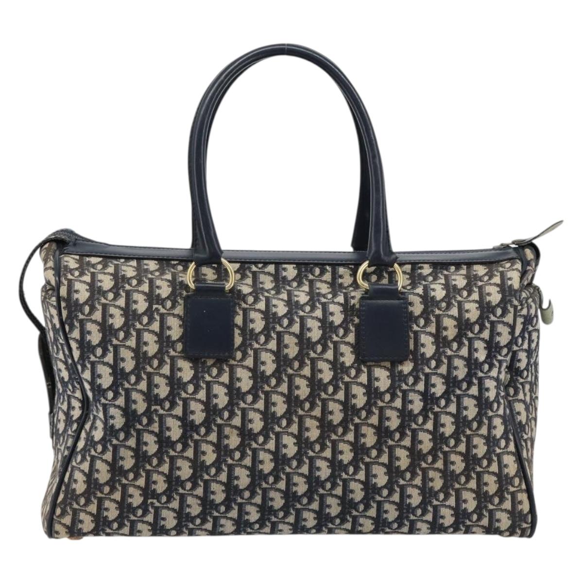 Christian Dior Trotter Canvas Boston Bag Navy Gold Auth 183441A