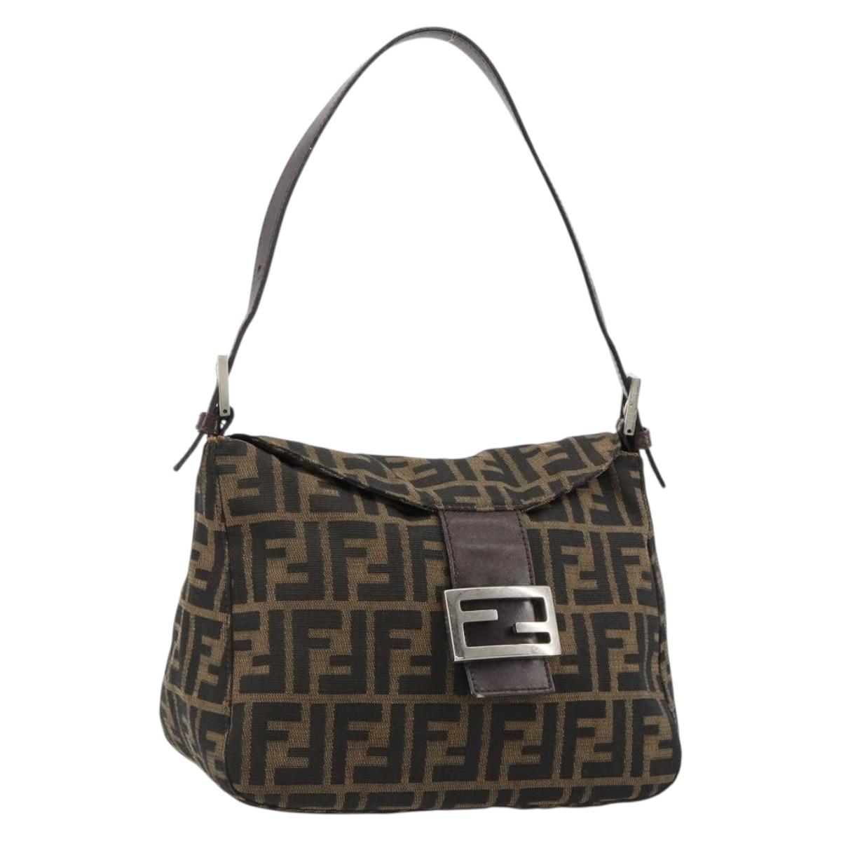 FENDI Zucca Canvas Mamma Baguette Shoulder Bag Black Brown Silver Auth 183462V