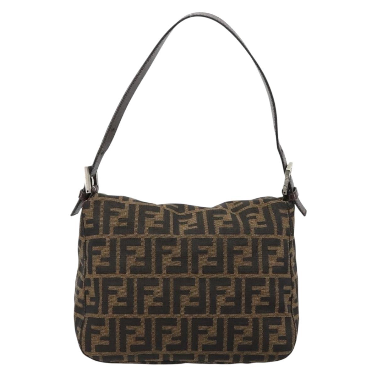 FENDI Zucca Canvas Mamma Baguette Shoulder Bag Black Brown Silver Auth 183462V