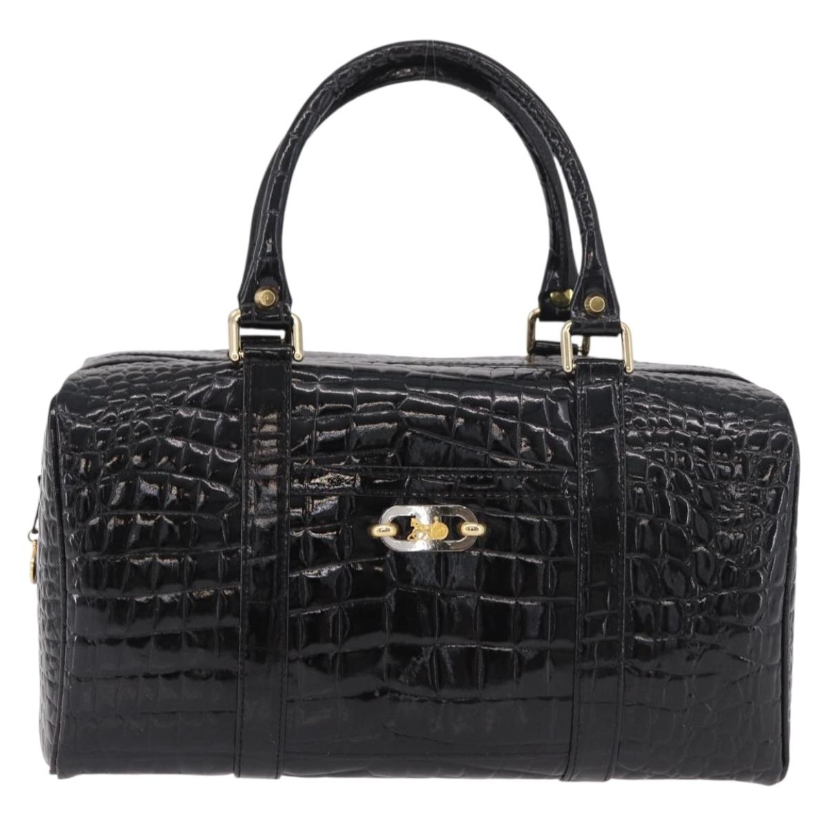CELINE Hand Bag Patent leather Black Gold Auth 183482