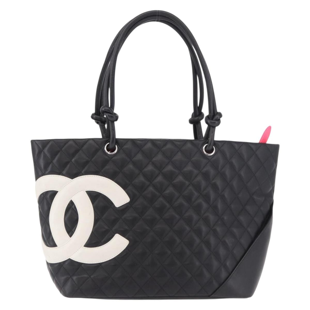 CHANEL Cambon Line Matelasse Tote Bag Leather Black Silver CC Auth 183487M