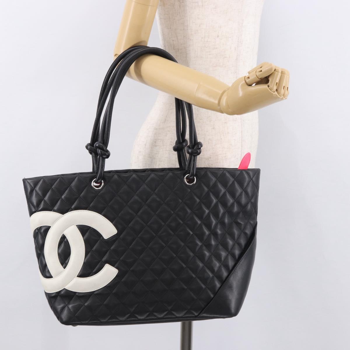 CHANEL Cambon Line Matelasse Tote Bag Leather Black Silver CC Auth 183487M