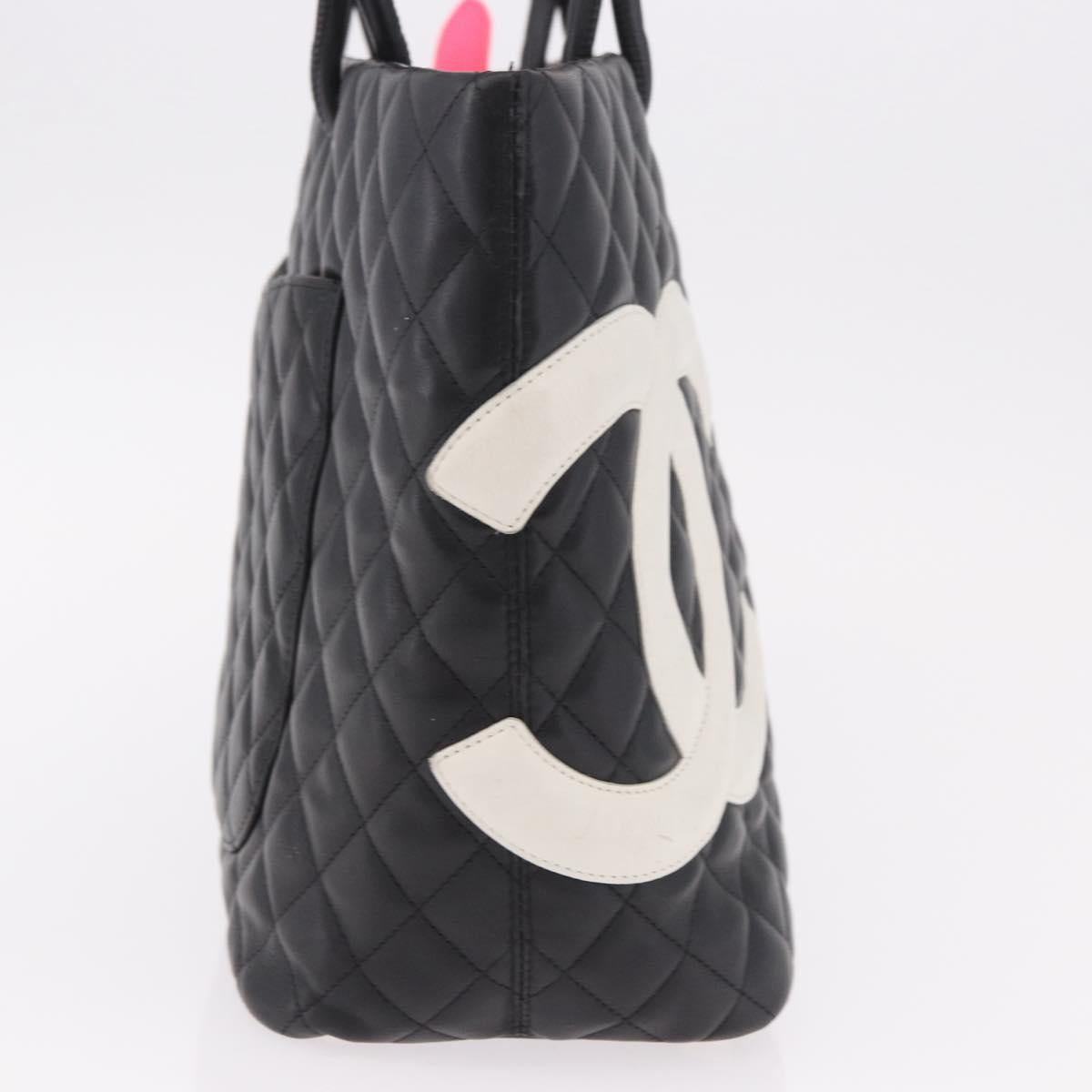 CHANEL Cambon Line Matelasse Tote Bag Leather Black Silver CC Auth 183487M