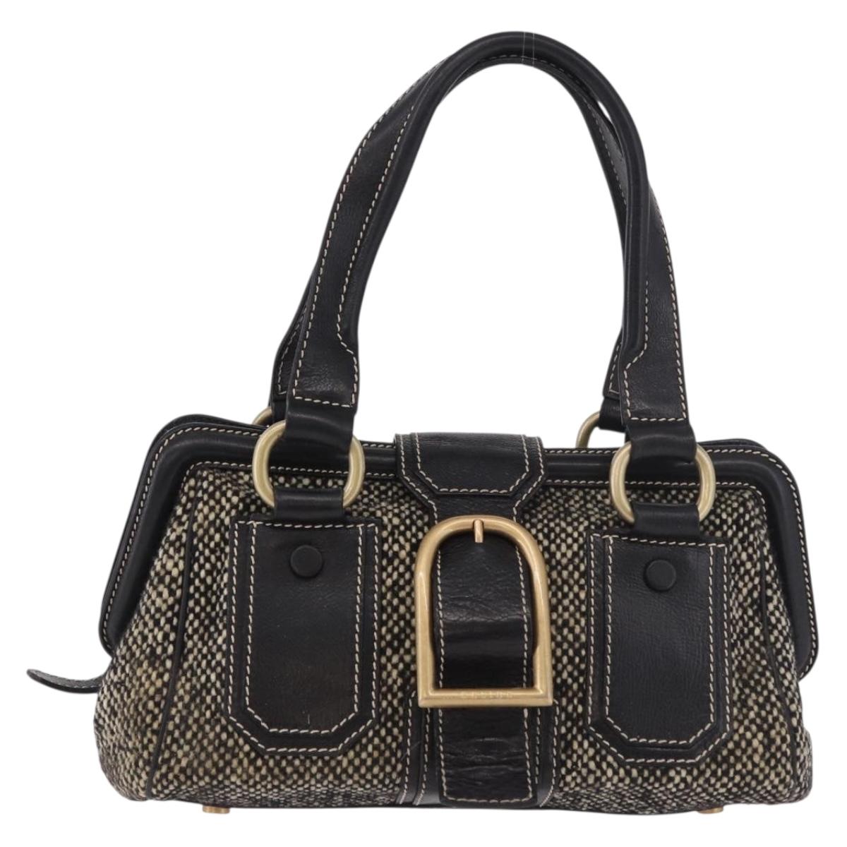 CELINE Hand Bag Canvas Leather Black Gold Auth 183488A