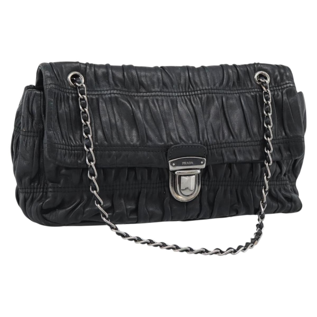 PRADA Chain Shoulder Bag Leather Black Silver Auth 183490
