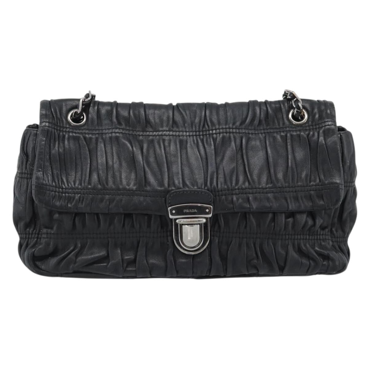 PRADA Chain Shoulder Bag Leather Black Silver Auth 183490