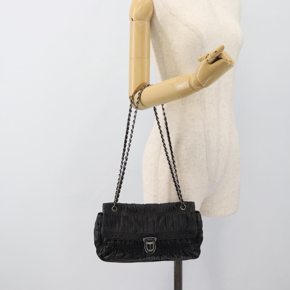 PRADA Chain Shoulder Bag Leather Black Silver Auth 183490