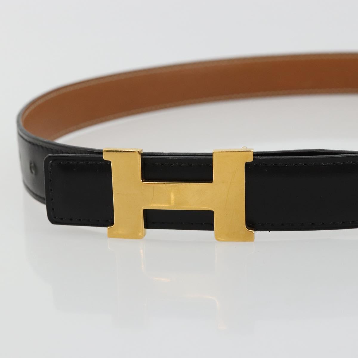HERMES Constance H Belt Leather 33.5"" Black Gold Auth 183494