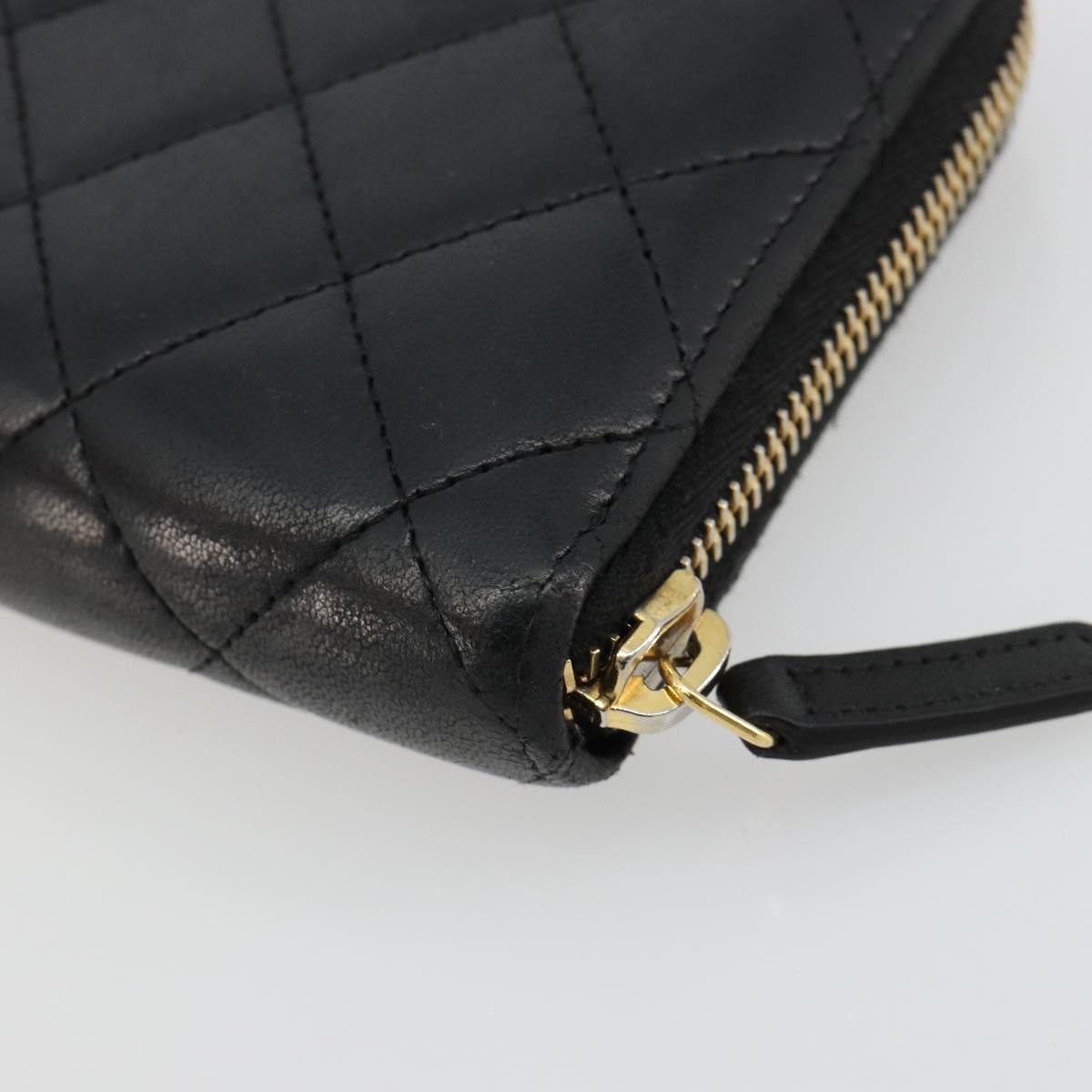 CHANEL Matelasse Long Wallet Lamb Skin Black Gold CC Auth 183495