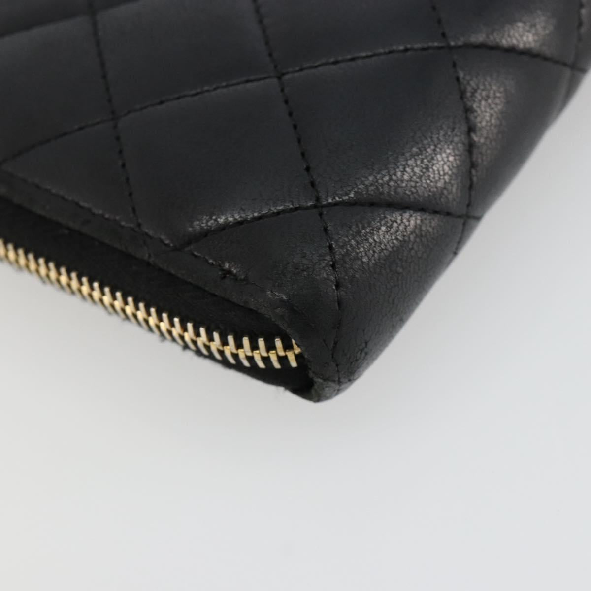 CHANEL Matelasse Long Wallet Lamb Skin Black Gold CC Auth 183495