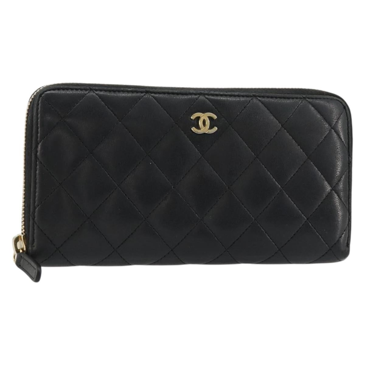 CHANEL Matelasse Long Wallet Lamb Skin Black Gold CC Auth 183495
