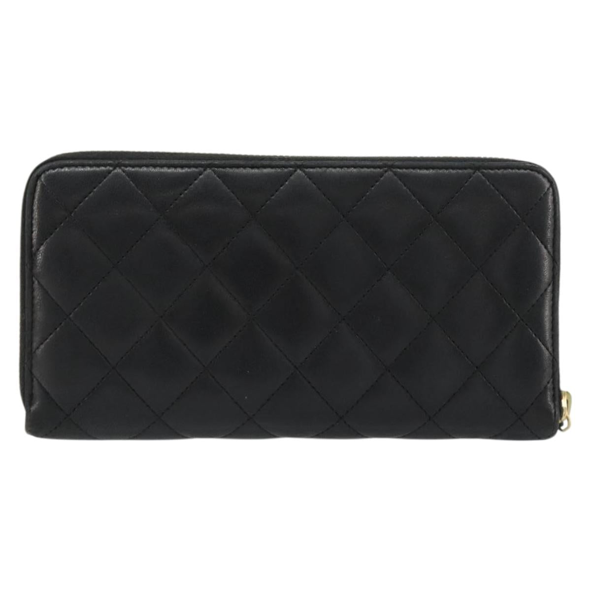 CHANEL Matelasse Long Wallet Lamb Skin Black Gold CC Auth 183495