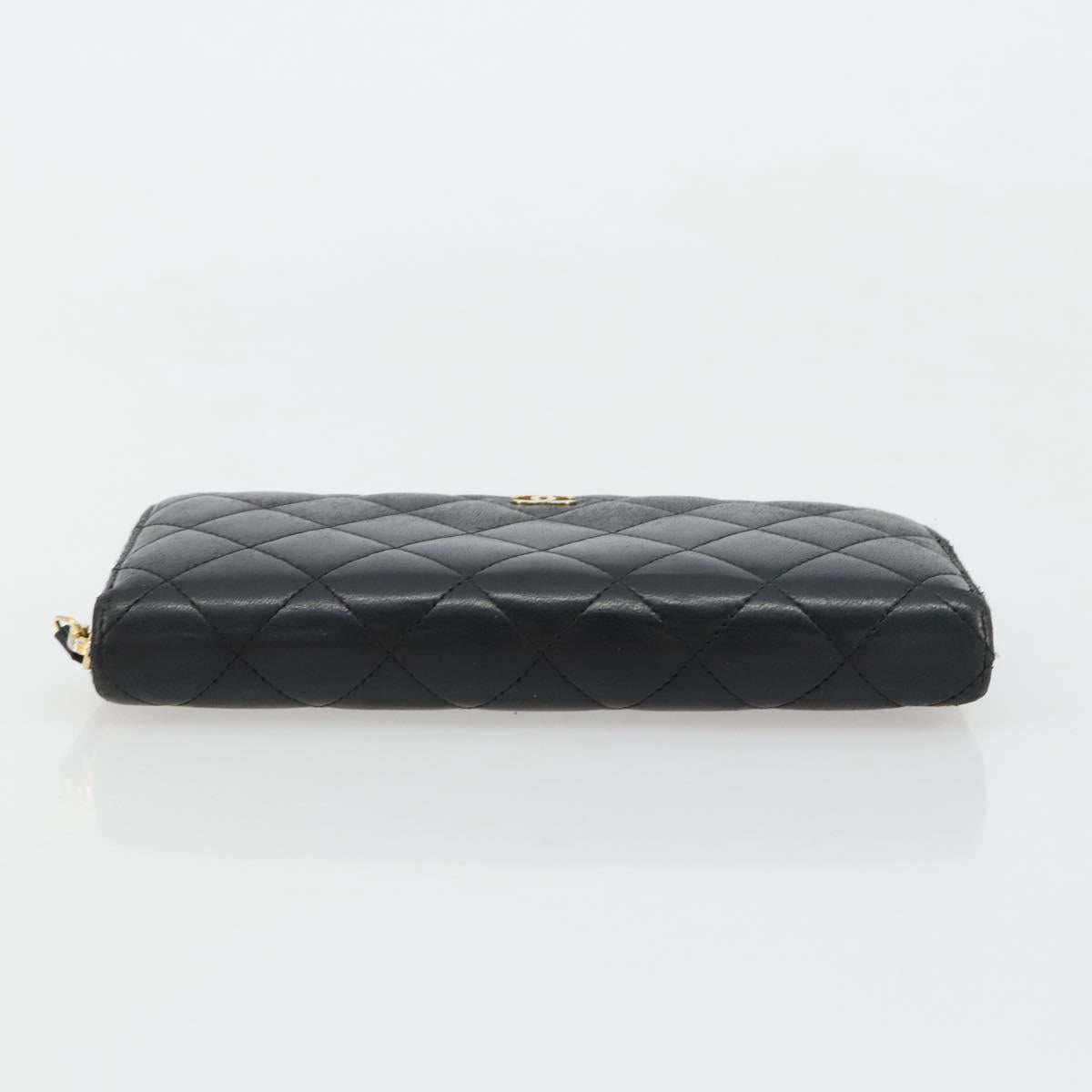CHANEL Matelasse Long Wallet Lamb Skin Black Gold CC Auth 183495