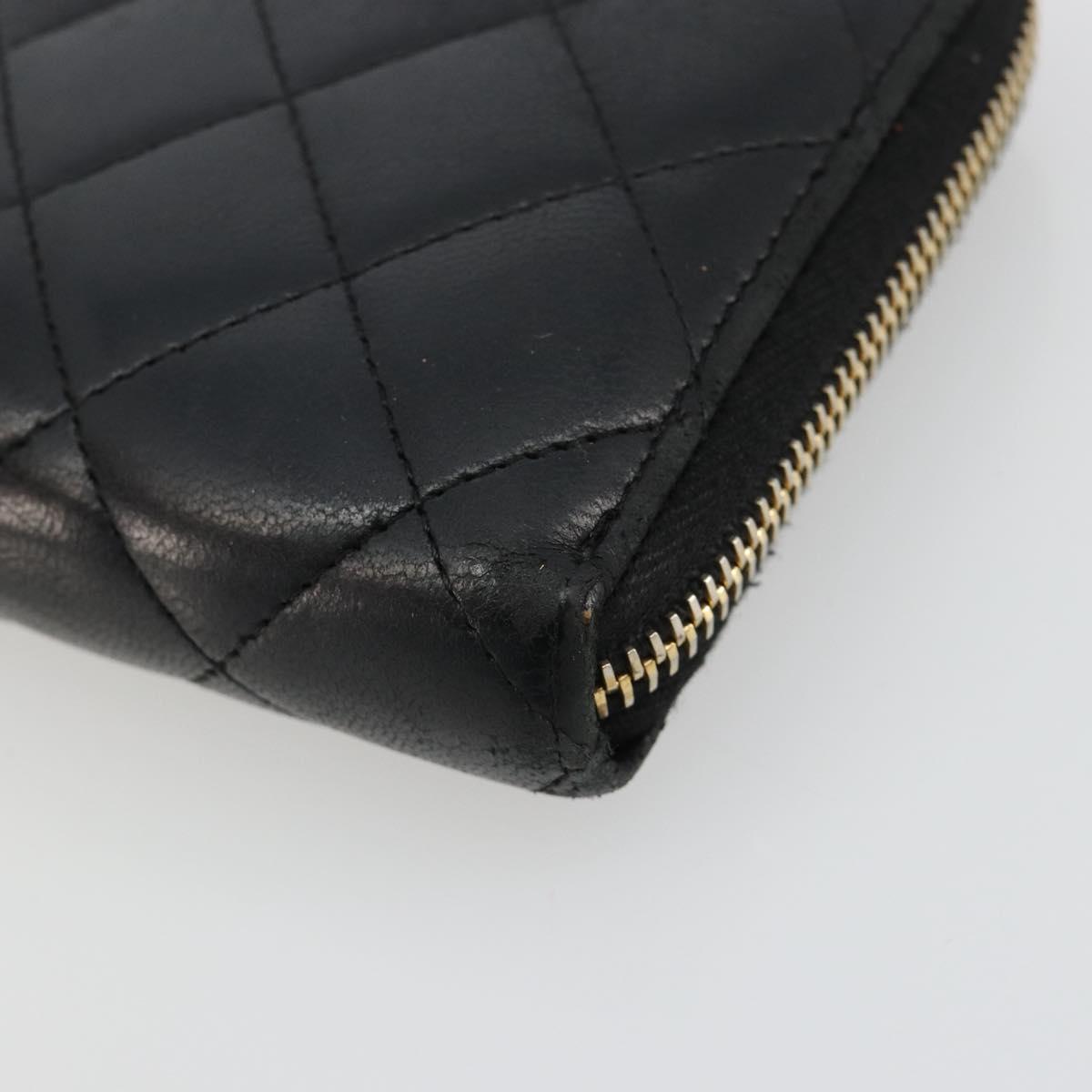 CHANEL Matelasse Long Wallet Lamb Skin Black Gold CC Auth 183495