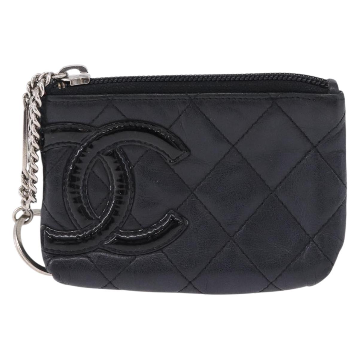 CHANEL Matelasse Cambon Line Coin Purse Leather Black Silver CC Auth 183520A