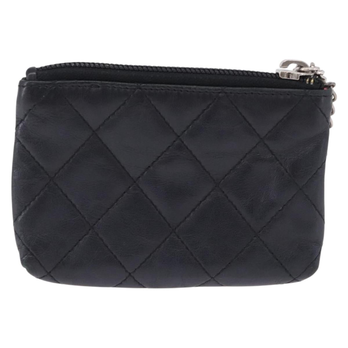 CHANEL Matelasse Cambon Line Coin Purse Leather Black Silver CC Auth 183520A