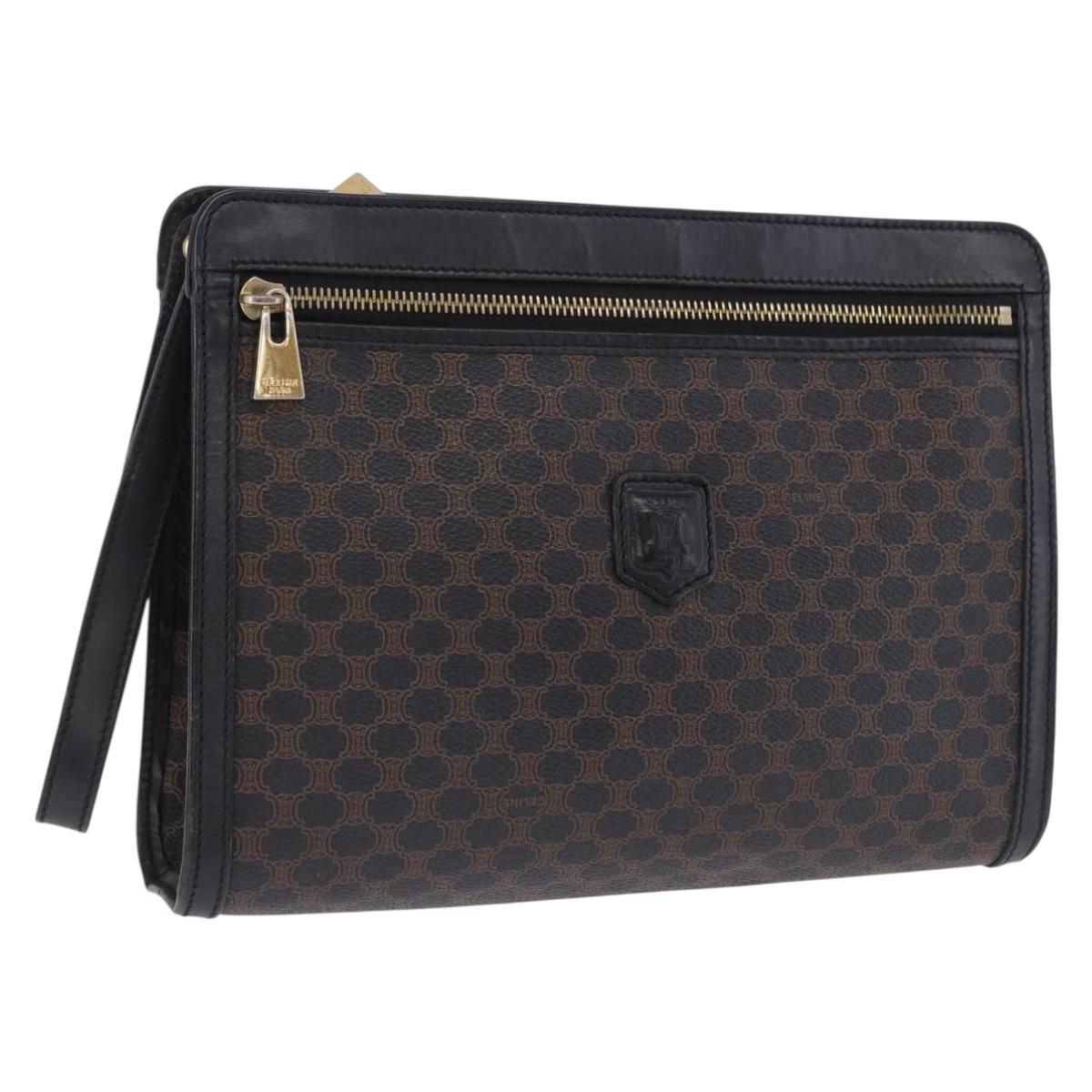 CELINE Macadam Canvas Clutch Bag PVC Leather Black Gold Auth 183567