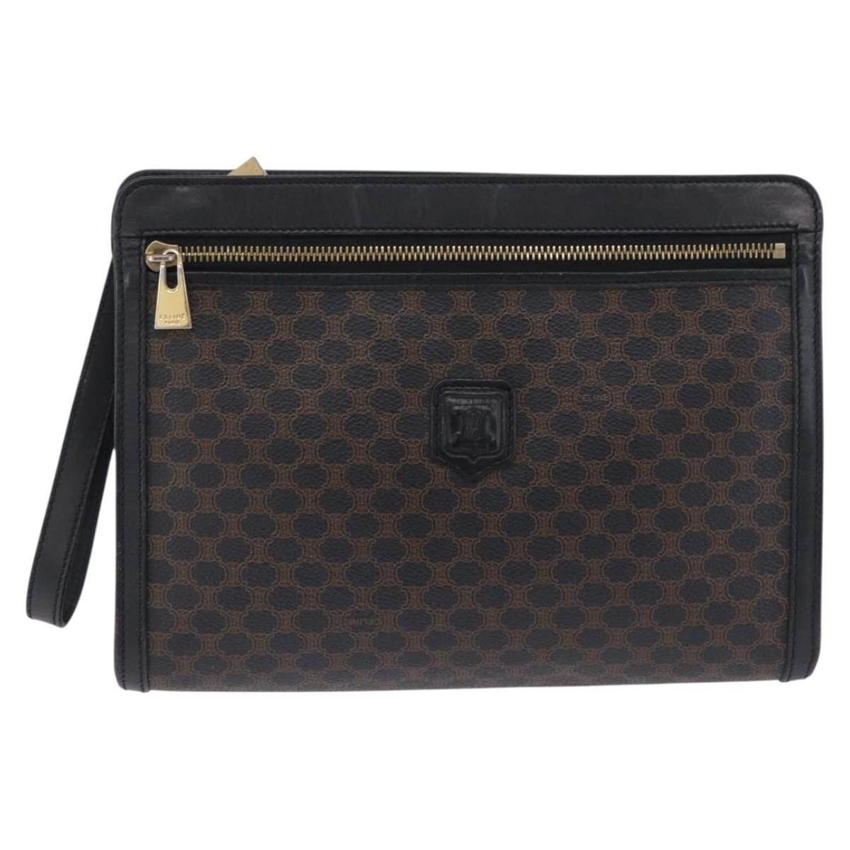 CELINE Macadam Canvas Clutch Bag PVC Leather Black Gold Auth 183567