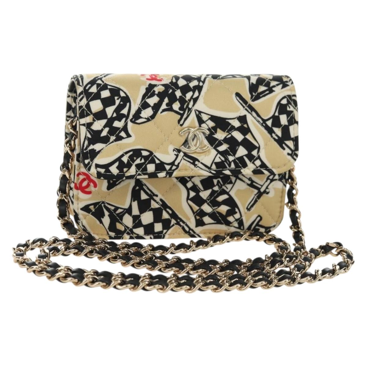 CHANEL Chain Shoulder Pouch Mini Matelasse Satin Beige Gold CC Auth 183621M