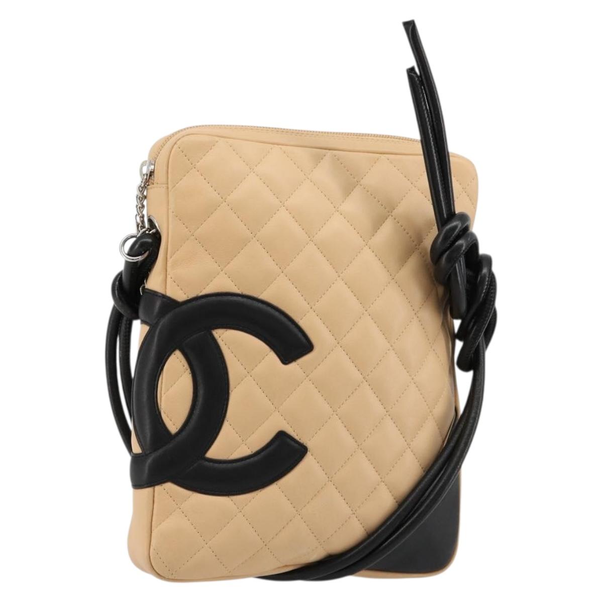 CHANEL Matelasse Cambon Line Shoulder Bag Leather Beige Silver CC Auth 183625M
