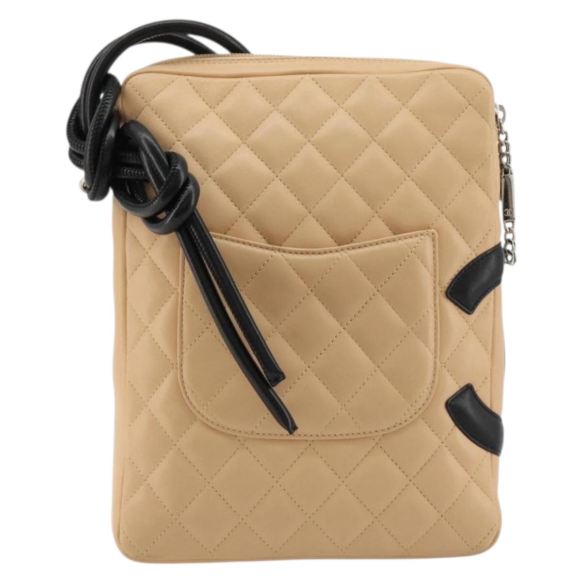 CHANEL Matelasse Cambon Line Shoulder Bag Leather Beige Silver CC Auth 183625M