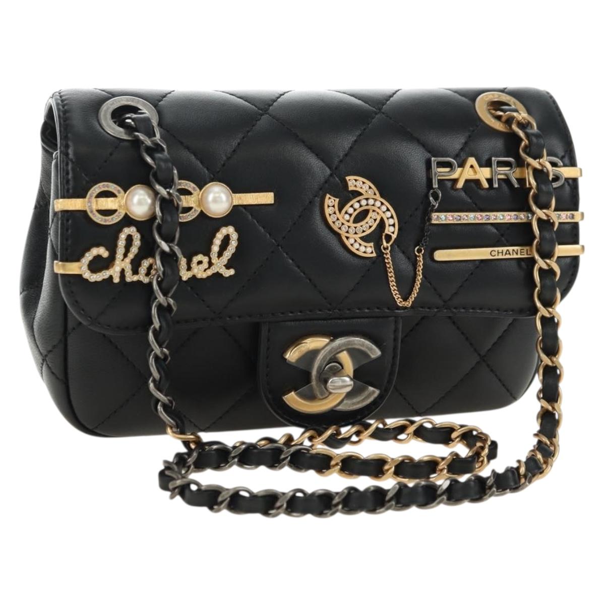 CHANEL Mini Matelasse 17 Chain Bag Lamb Skin Black Gold CC Auth 183626SM