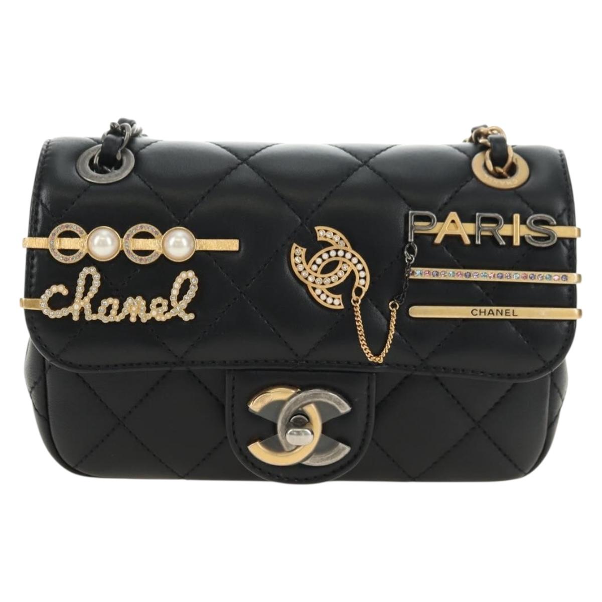 CHANEL Mini Matelasse 17 Chain Bag Lamb Skin Black Gold CC Auth 183626SM