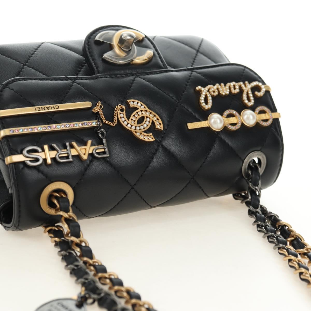 CHANEL Mini Matelasse 17 Chain Bag Lamb Skin Black Gold CC Auth 183626SM