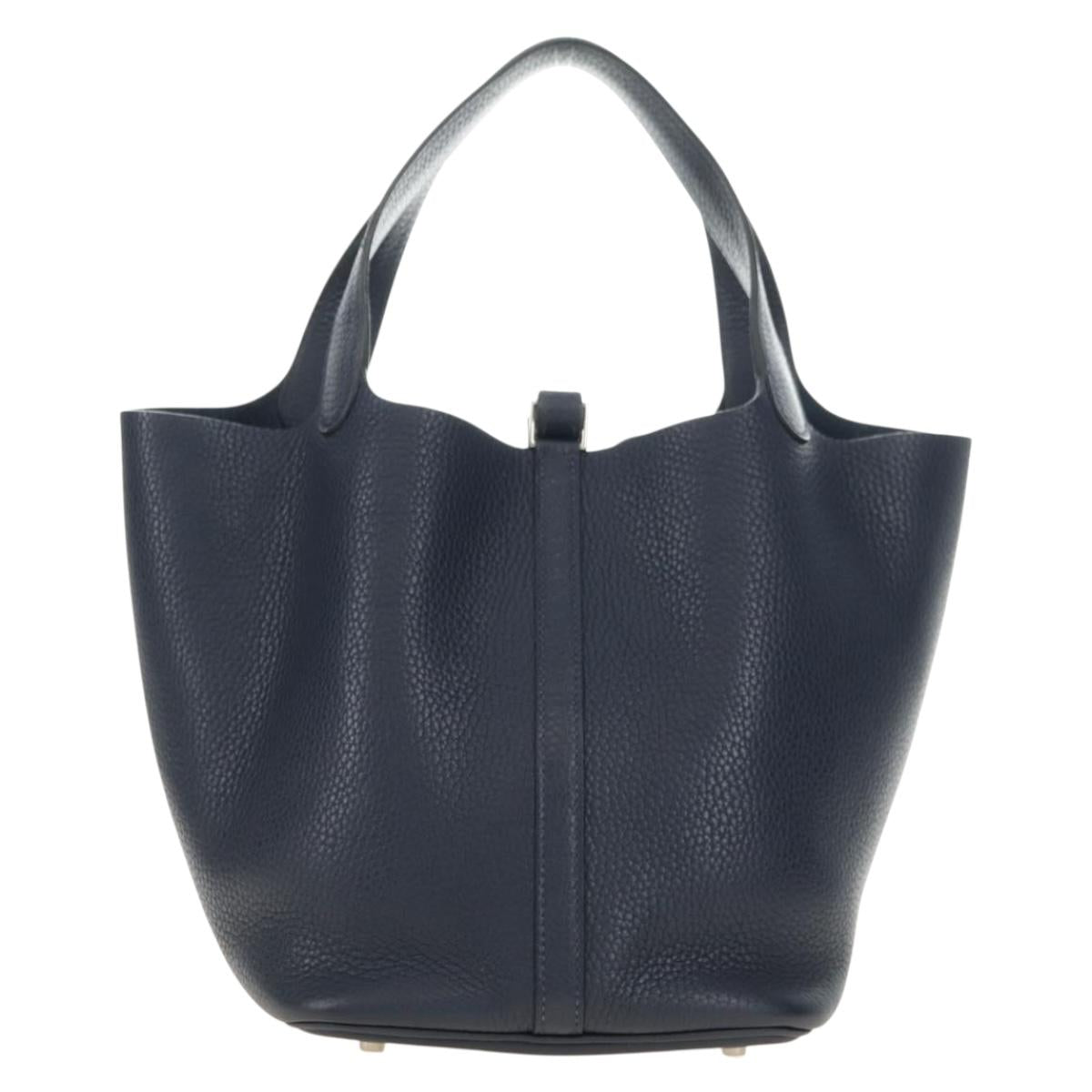 HERMES Picotan lock Bag Taurillon Clemence Leather Navy Silver Auth 183630SAM