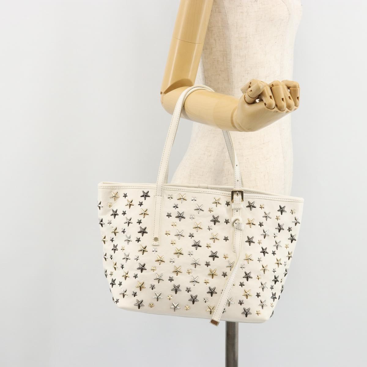 Jimmy Choo Tote Bag Leather White Gold Silver Auth 183632A