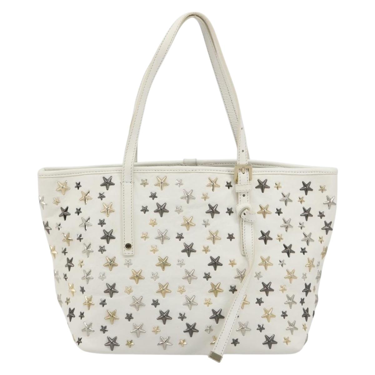 Jimmy Choo Tote Bag Leather White Gold Silver Auth 183632A