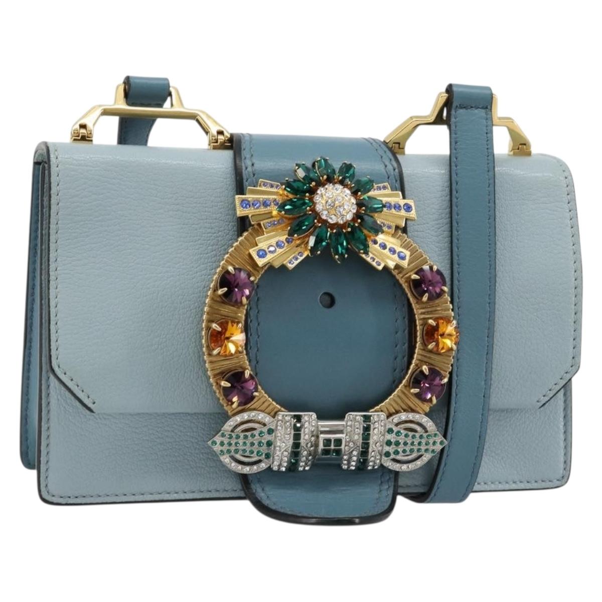 Miu Miu Shoulder Bag Leather Light Blue Gold Auth 183635M